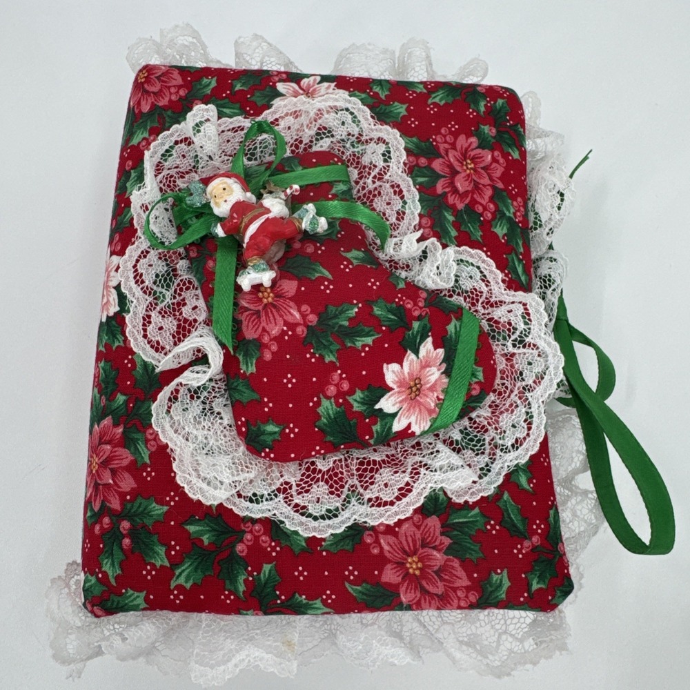 Vintage Handmade Fabric‎ Lace Padded Christmas Santa Photo Album Poinsettias